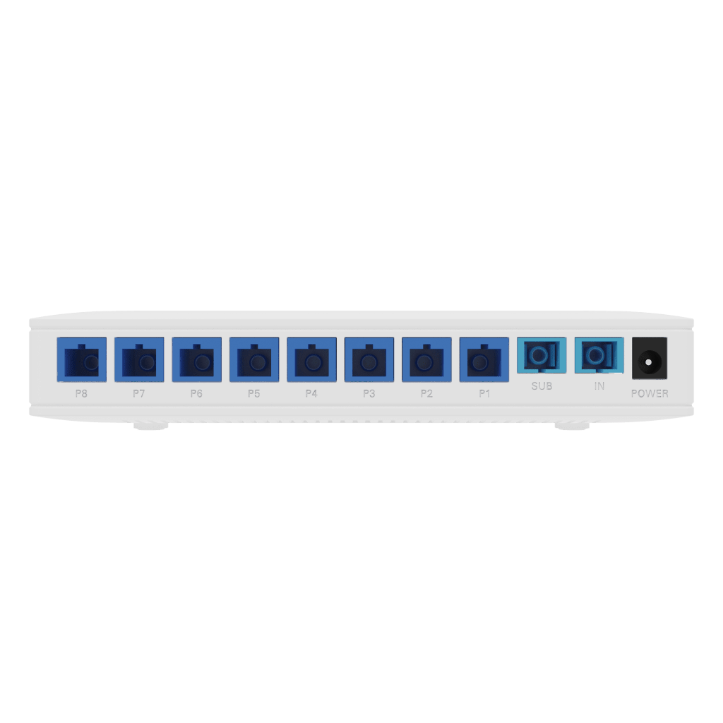 Splitter Activo 1x8 para Alimentación de 8 Dispositivos POF, 1 Puerto de cascadeo para continuidad, puertos SC/UPC