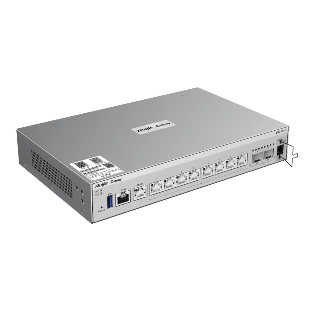 Firewall Next Generation / Empresarial / Alto Rendimiento 7 Gbps / Protección de Amenazas 500-700 Mbps / Gestión Cloud / 8 Puertos RJ45 + 2 SFP / Rack 1U / AI-Powered Security / Ruijie Reyee Cybrey