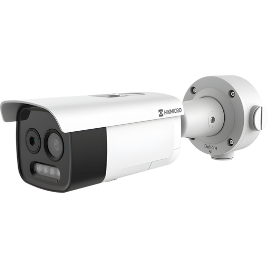 (HIKMICRO) Bala IP Bi-Espectral / Térmica (256 X 192 / 9.7 mm) + Óptica (5 MP / 12.4 mm) / IA GUANLAN / Rango: -20°C a 150°C / 8°C Margen / Detección de Fuego y Humo / Alarma Visual y Audible / Dual Light / PoE / IP67 / IK