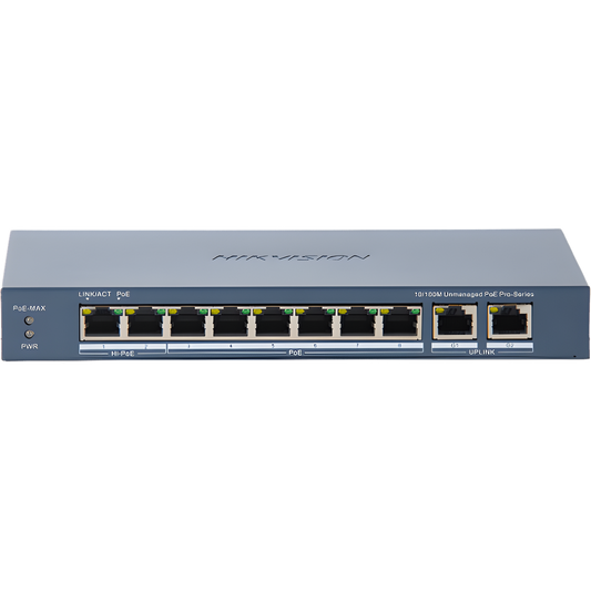 Switch PoE+ / No Administrable / 7 Puertos 10/100 Mbps 802.3 af/at (30 W) / 1 Puerto 10/100 Mbps Hi-PoE (90 W)  / 2 Puertos 1000 Mbps Uplink / Modo Extendido hasta 300 Metros / 110 Watts