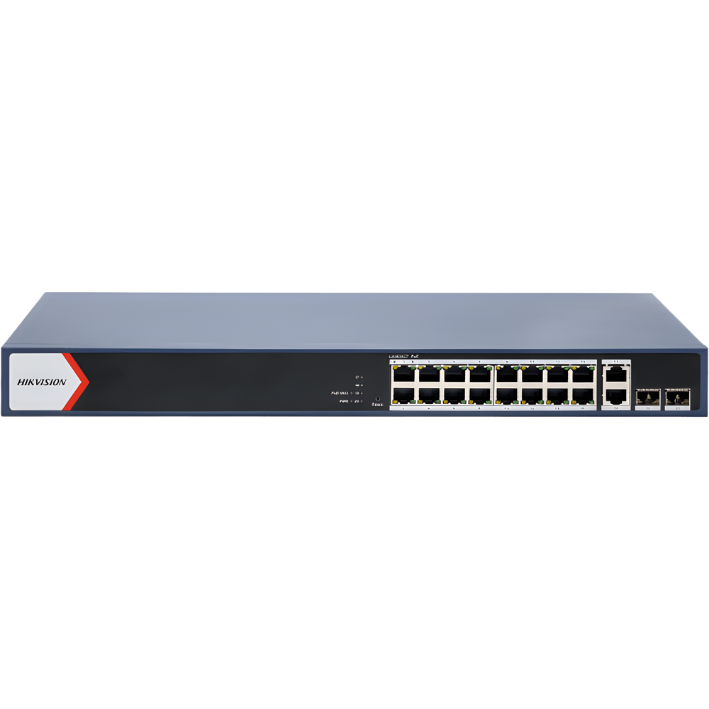 Switch PoE+ / Administrable / 16 puertos 1000 Mbps PoE+ / 2 Puertos 1000 Mbps Uplink / 2 Puertos SFP de Uplink /  Configuración Nube Hik-Partner Pro / Modo Extendido hasta 300 metros / 230 W