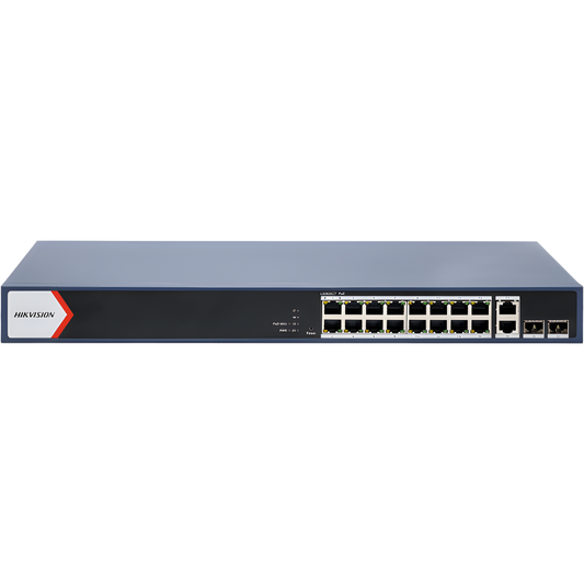Switch PoE+ / Administrable / 16 puertos 1000 Mbps PoE+ / 2 Puertos 1000 Mbps Uplink / 2 Puertos SFP de Uplink /  Configuración Nube Hik-Partner Pro / Modo Extendido hasta 300 metros / 230 W