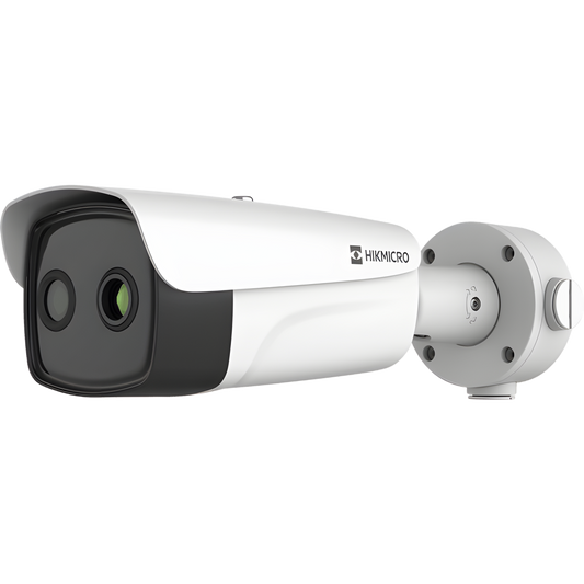 (HIKMICRO) Bala IP Bi-Espectral / Térmica (388 X 288 / 35 mm) + Óptica (4 MP / 12.4 mm) / IA GUANLAN / Rango: -20°C a 150°C / 8°C Tolerancia / Detección de Fuego y Humo / Alarma Visual y Audible / Dual Light / PoE / Antico