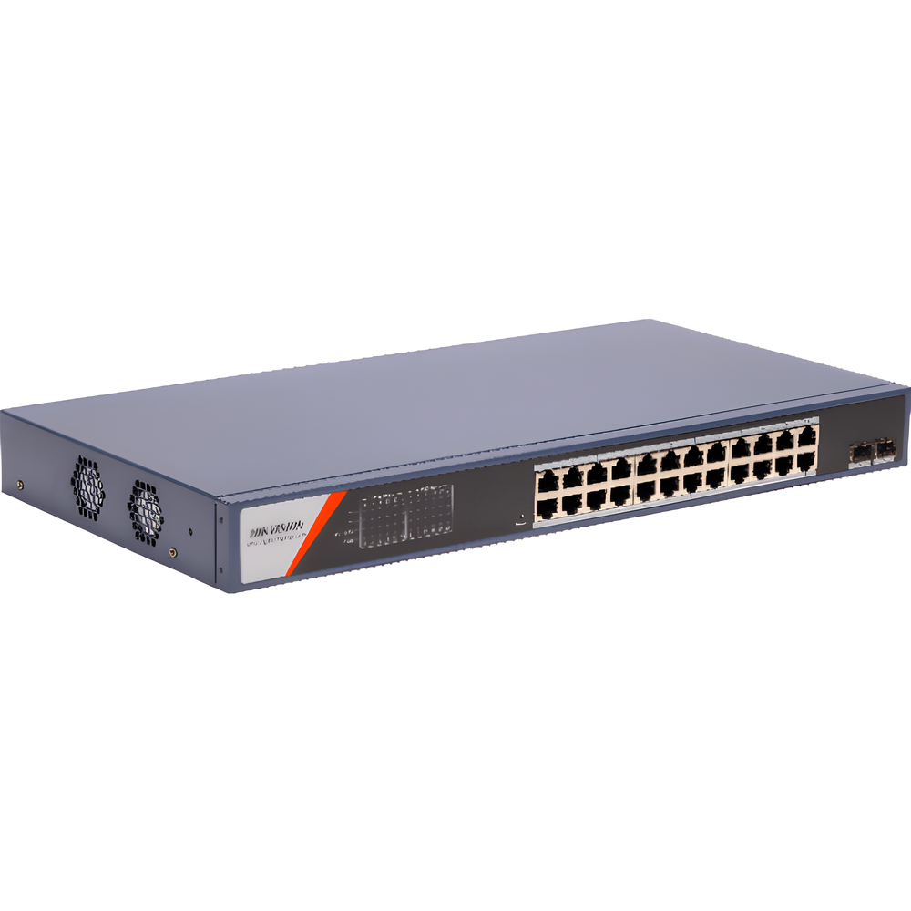 Switch Gigabit PoE+ / Administrable / 24 Puertos 1000 Mbps PoE+ / 2 Puertos SFP / Configuración Remota desde Hik-PartnerPro / PoE Extendido 250 Metros / 370 Watts