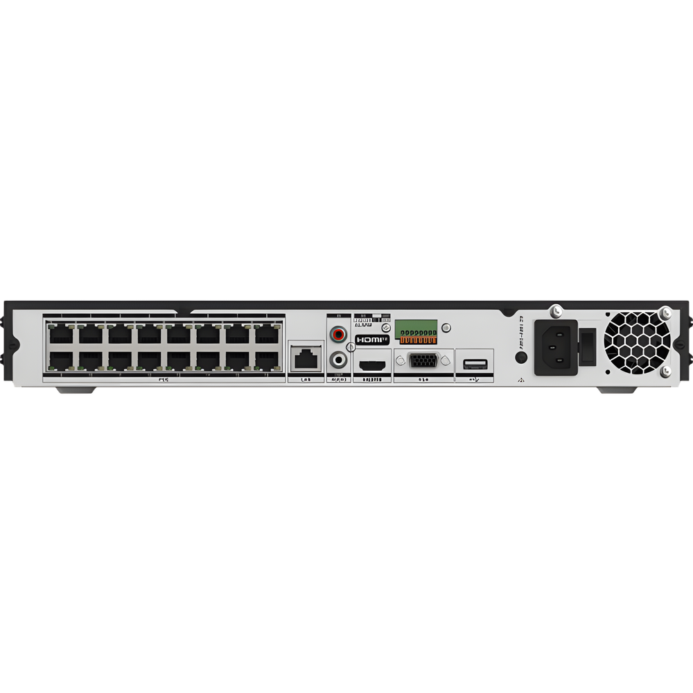 NVR 8 Megapixel (4K) (Compatible con Cámaras ACUSENSE) / 16 canales IP / 16 Puertos PoE+ / 2 Bahías de Disco Duro / Salida de Vídeo en 4K / 300 Metros PoE Modo Extendido