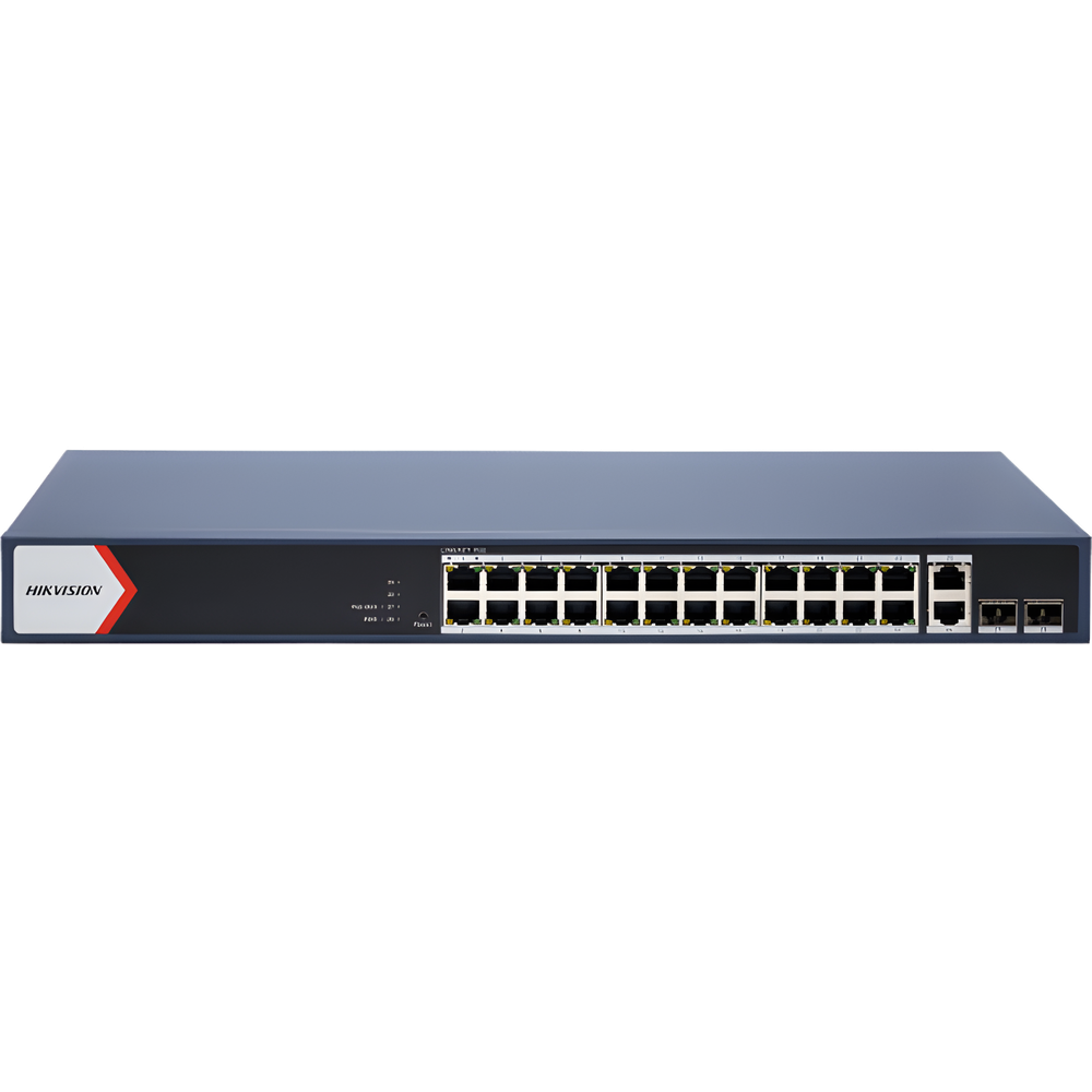 Switch Gigabit PoE+ / Administrable / 24 Puertos 1000 Mbps PoE+ / 2 Puertos 1000 Mbps Uplink / 2 Puertos SFP Uplink / Configuración Nube desde Hik-PartnerPro / Modo Extendido hasta 300 Metros / 370 W
