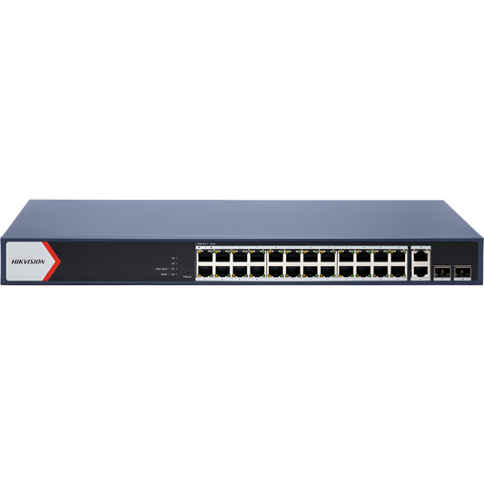Switch Gigabit PoE+ / Administrable / 24 Puertos 1000 Mbps PoE+ / 2 Puertos 1000 Mbps Uplink / 2 Puertos SFP Uplink / Configuración Nube desde Hik-PartnerPro / Modo Extendido hasta 300 Metros / 370 W