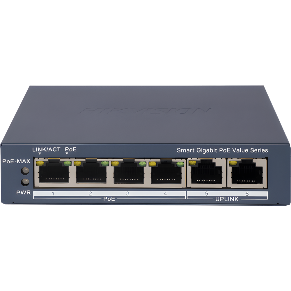 Switch Gigabit PoE+ / Administrable / 4 Puertos 1000 Mbps PoE+ / 2 Puertos 1000 Mbps Uplink / Configuración Nube Hik-PartnerPro / Modo Extendido hasta 300 Metros / 45 Watts