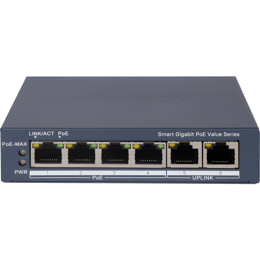 Switch Gigabit PoE+ / Administrable / 4 Puertos 1000 Mbps PoE+ / 2 Puertos 1000 Mbps Uplink / Configuración Nube Hik-PartnerPro / Modo Extendido hasta 300 Metros / 45 Watts