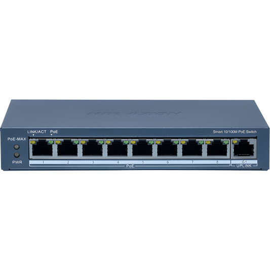 Switch Administrable PoE+ / 8 puertos 100 Mbps PoE+ / 1 puerto 1000 Mbps de Uplink / PoE hasta 300 Metros / Conexión Remota desde Hik-ParnerPro / 110 W