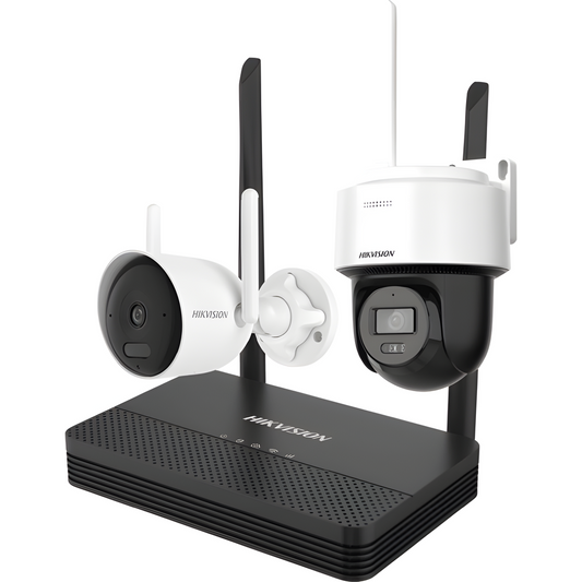 Kit IP Inalámbrico 4 Megapixel / NVS 4 Canales / 1 Cámara Bala Exterior + 1 Cámara Turret Interior con Lente 2.8 mm y Dual Light / Audio Bidireccional (Micrófono y Bocina) / Soporta Micro SD de 512 GB