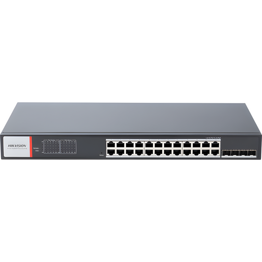 Switch Gigabit PoE+ / Industrial / Administrable / 24 Puertos 1000 Mbps PoE+ / 4 Puertos SFP / Configuración Nube Hik-PartnerPro / Modo Extendido hasta 300 Metros / 370 W