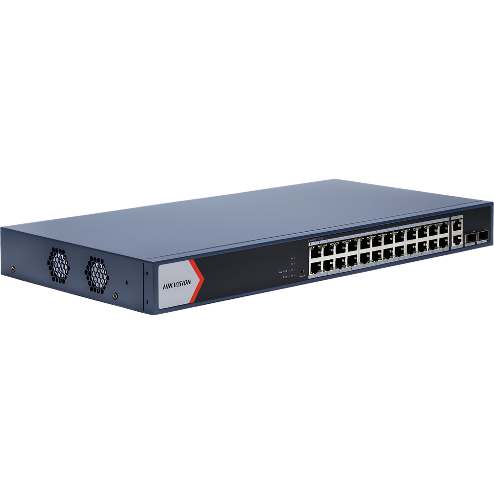Switch Gigabit PoE+ / Administrable / 24 Puertos 1000 Mbps PoE+ / 2 Puertos 1000 Mbps Uplink / 2 Puertos SFP Uplink / Configuración Nube desde Hik-PartnerPro / Modo Extendido hasta 300 Metros / 370 W