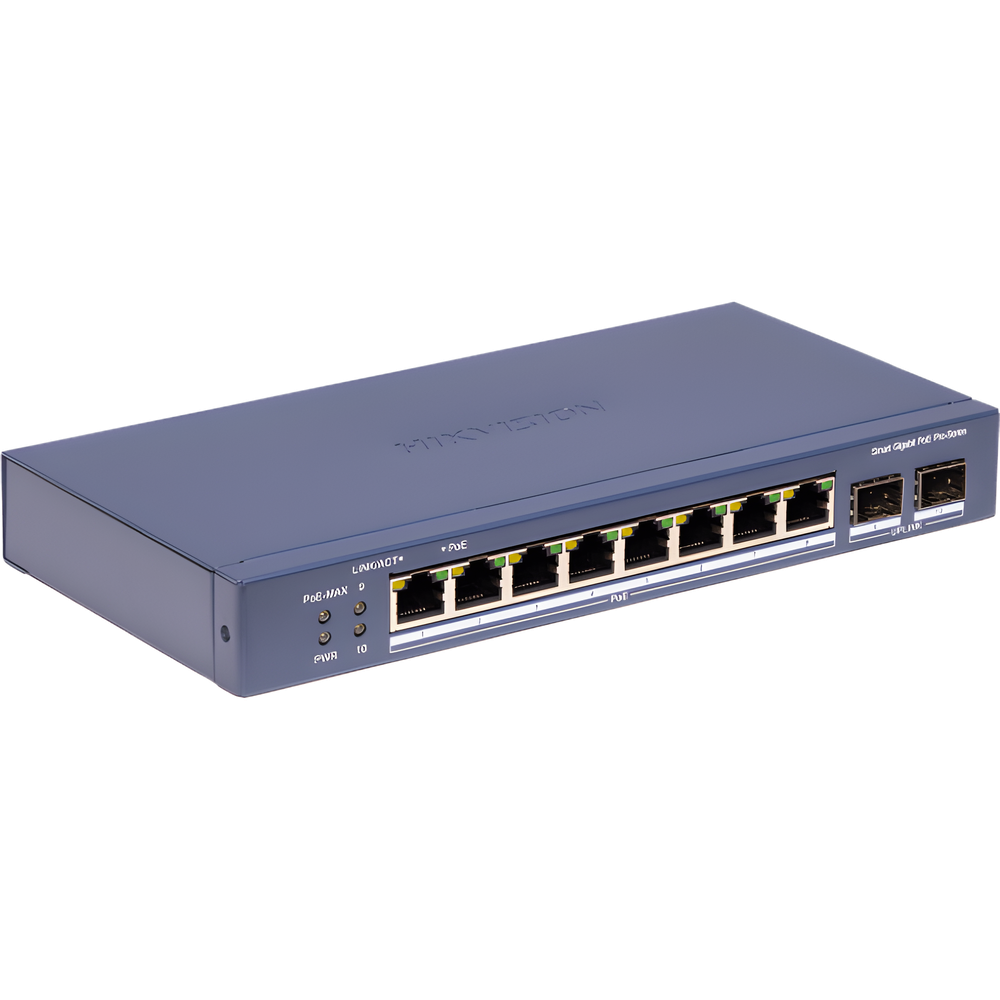 Switch PoE+ / Administrable / 8 Puertos 1000 Mbps PoE+/ 2 Puertos SFP / Configuración Nube desde Hik-PartnerPro / Modo Extendido hasta 300 Metros / 110 W