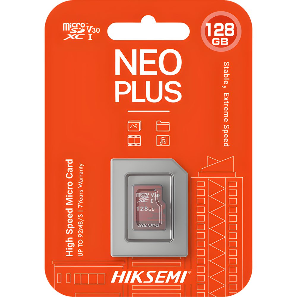 MicroSD HIKSEMI NEO Plus / 32 GB / 95 MB/s Lectura / 25 MB/s Escritura / Clase 10 U3 / TLC NAND / Especializada Para Videovigilancia 24/7