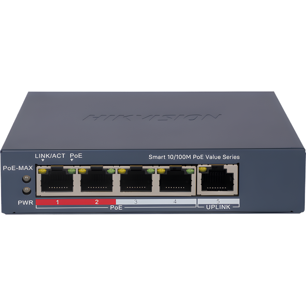 Switch PoE+ / Monitoreable / 4 Puertos 10/100 Mbps PoE+ / 1 Puerto 10/100 Mbps Uplink / Configuración Nube Hik-PartnerPro / Modo Extendido hasta 300 Metros /  45 W