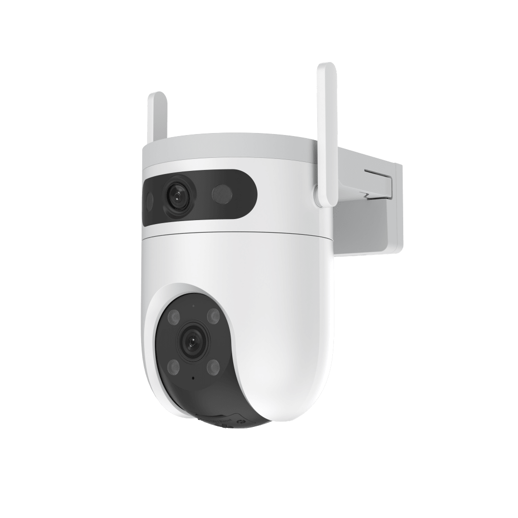 Cámara IP WiFi 6 (2.4 GHz y 5 GHz) PT Dual-Lente  / 2K (3mp + 3mp) / Visión Nocturna Color Hasta 40m / Detección IA Humano-Vehículo / Seguimiento Automático / Defensa Activa con Sirena y Luz Estroboscópica
