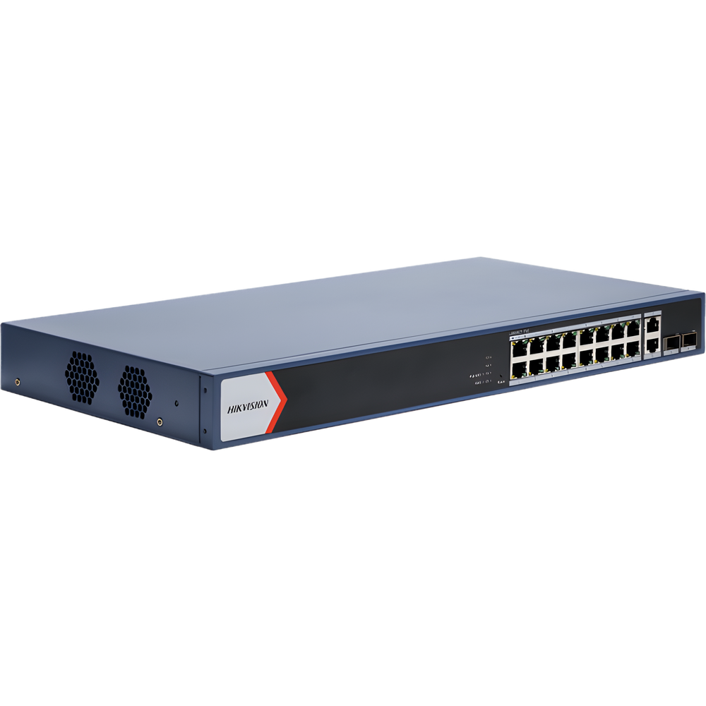 Switch Gigabit PoE+ / Monitoreable / 16 Puertos 1000 Mbps PoE+ / 2 Puerto 1000 Mbps de Uplink / 2 Puerto SFP /  Configuración Nube desde Hik-PartnerPro / Modo Extendido hasta 300 Metros / 125 Watts