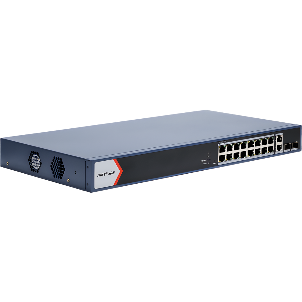 Switch PoE+ / Administrable / 16 puertos 1000 Mbps PoE+ / 2 Puertos 1000 Mbps Uplink / 2 Puertos SFP de Uplink /  Configuración Nube Hik-Partner Pro / Modo Extendido hasta 300 metros / 230 W