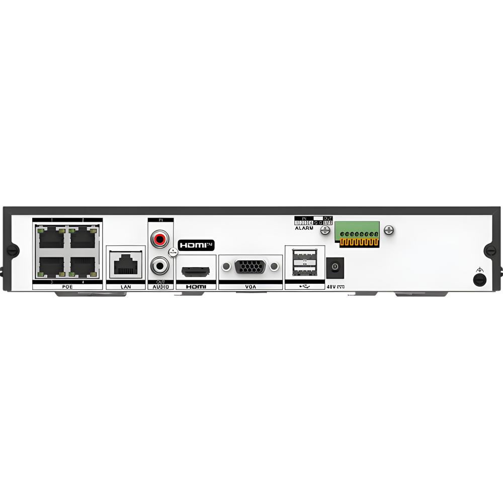 NVR 8 Megapixel (4K) (Compatible con Cámaras ACUSENSE) / 4 canales IP / 4 Puertos PoE+ / 1 Bahía de Disco Duro / Salida de Vídeo en 4K / 300 Metros PoE Modo Extendido