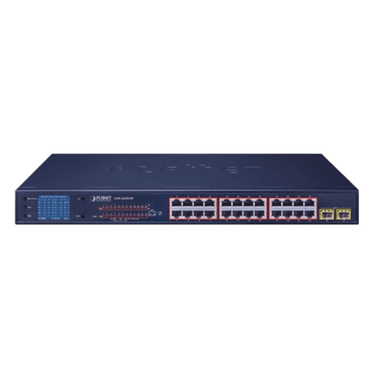 Switch PoE de 24 Puertos Gigabit 802.3af/at con Modo Extendido 250 m, 2 Puertos SFP 1000SX , Pantalla LCD para Configuración Básica, Hasta 300 W para PoE