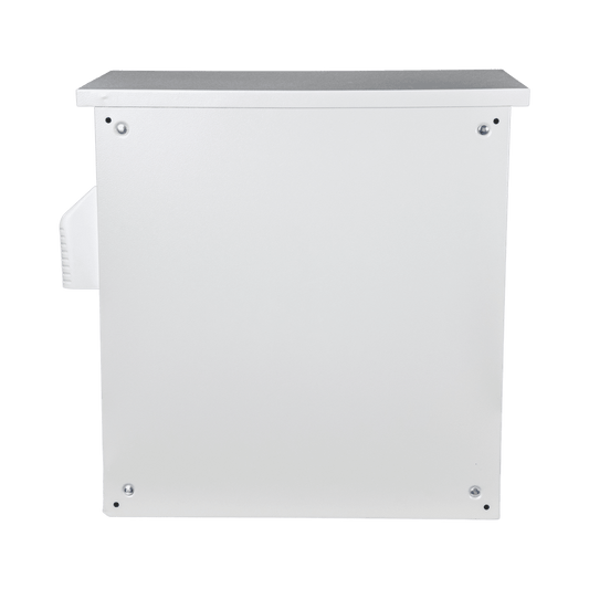 Gabinete Ventilado de Acero IP55 Uso en Exterior (593 x 609 x 399 mm) con Placa Trasera Interior Metálica y Compuerta Inferior Atornillable. Incluye Ventilador, Ventilas, filtros, Montaje Rack 19", Terminal de Tierra Física, Chapas y Ll
