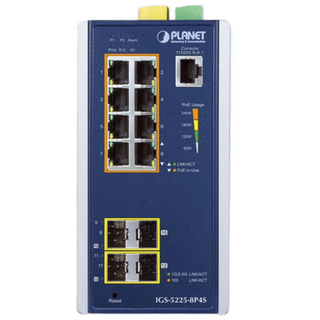 Switch Industrial Administrable Capa2, 8 Puertos Gigabit con PoE+ 802.3at, 2 Puertos SFP de 100/1G y 2 Puertos SFP de 100/1G/2.5G
