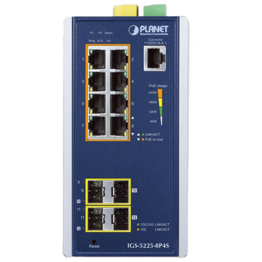 Switch Industrial Administrable Capa2, 8 Puertos Gigabit con PoE+ 802.3at, 2 Puertos SFP de 100/1G y 2 Puertos SFP de 100/1G/2.5G