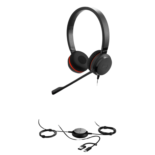 Jabra Evolve 30 II Duo MS con conexión USB C/A y 3.5mm, micrófono con cancelación de ruido y controlador en el cable con botones e indicadores LED (5399-823-369))