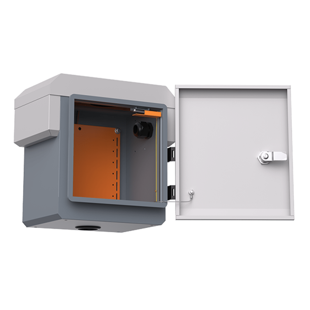 Gabinete de Acero Ventilado para Exterior 250 x 250 x 180 mm con Rieles DIN y 4 Placas Laterales para Montaje de Equipos por Fuera