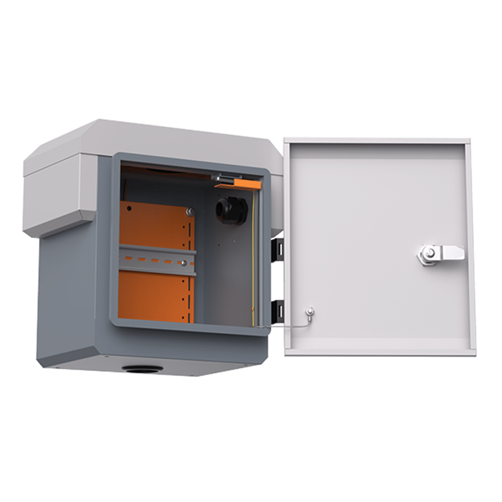 Gabinete de Acero Ventilado para Exterior 250 x 250 x 180 mm con Rieles DIN y 4 Placas Laterales para Montaje de Equipos por Fuera