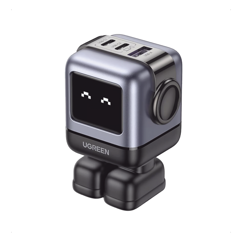 Cargador RobotGaN de 65W Serie UNO | 3 Puertos de Carga Rápida | 2 USB-C | 1 USB-A | PD 3.0 | QC 4.0 | Carga Inteligente | Tecnología GaN II | Zapato Magnético Extraíble | Carcasa Ignífuga | Pantalla LED