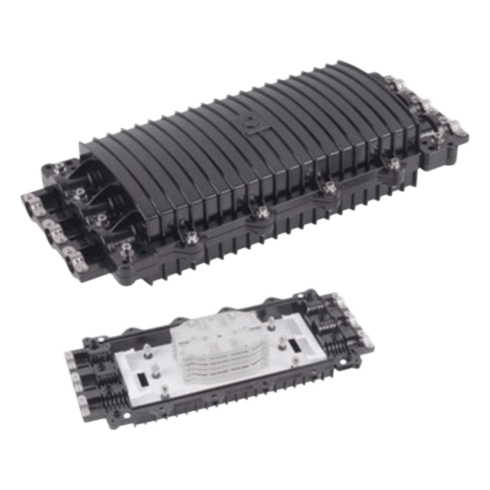 Caja de Distribución de Fibra Óptica Horizontal, hasta 96 Empalmes, Exterior IP68, 3 Puertos de Entrada y Salida