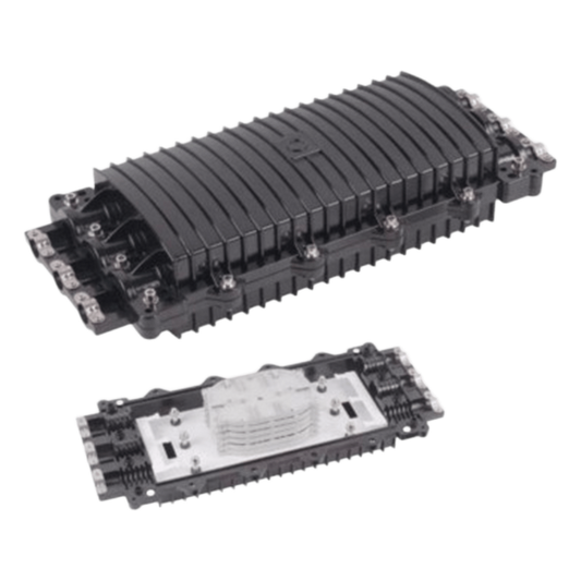 Caja de Distribución de Fibra Óptica Horizontal, hasta 96 Empalmes, Exterior IP68, 3 Puertos de Entrada y Salida