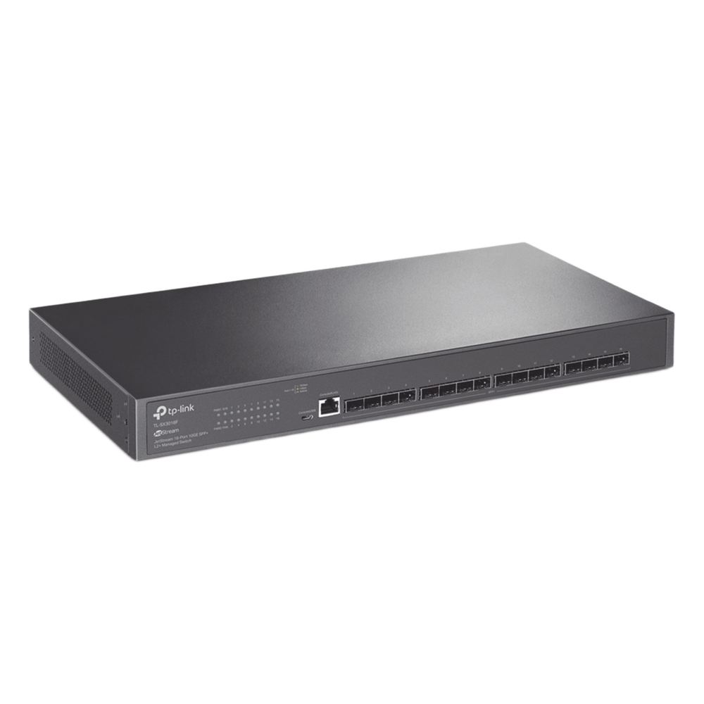 Switch Fibra Óptica L2+ Omada / 16 Puertos SFP+ 10G / 2 Puertos Consola (RJ45 y micro-USB) / Administración Centralizada Omada o Stand-Alone / Multicast IGMP / Calidad de Servicio / Montaje en Rack / Silencioso (sin ventiladores)