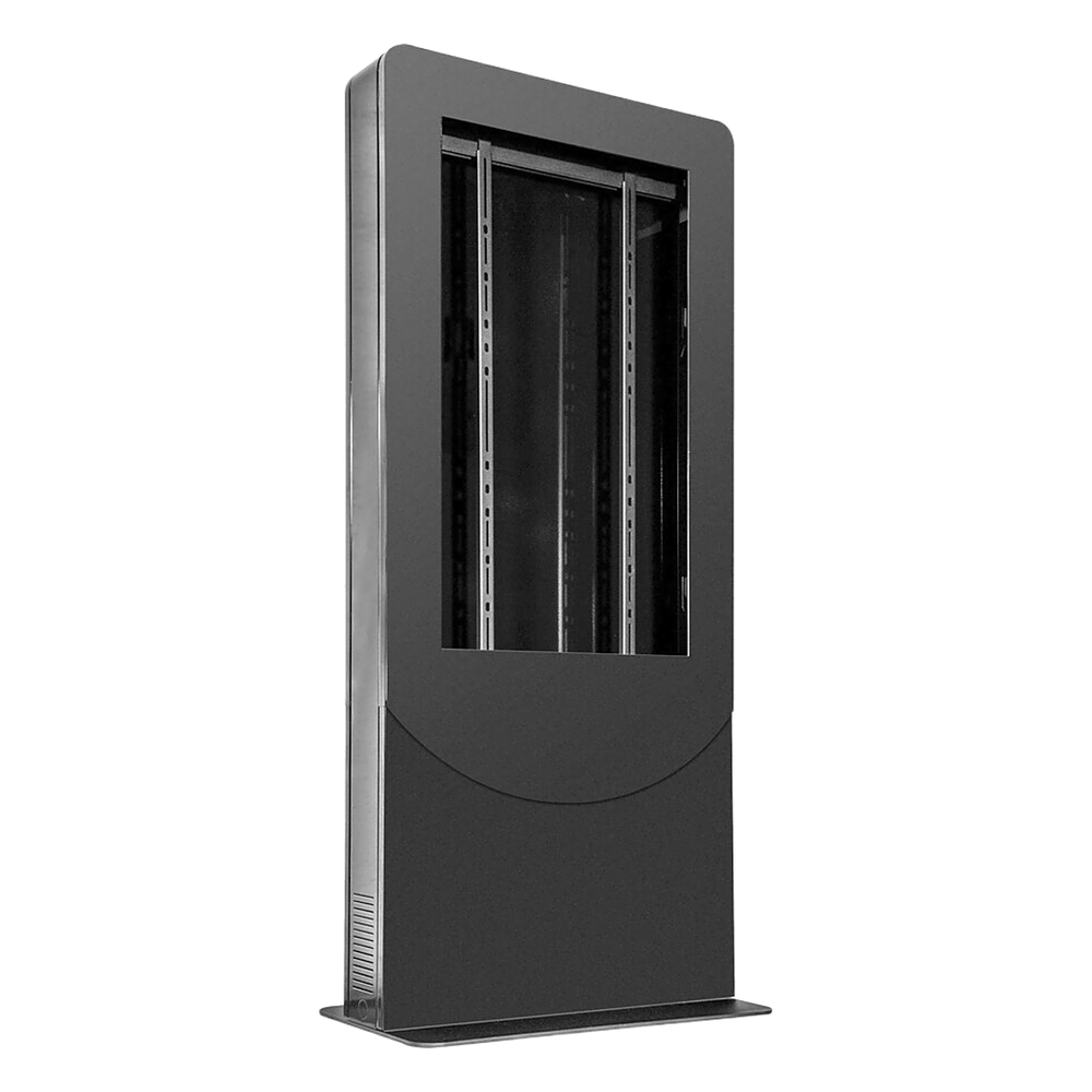 Kiosko modo Vertical para interior color Negro / Soporta Pantallas de 65" hasta 4" de Profundidad / Estructura de Acero con Placa Base 3/8" / 6 Salidas Supresor de Picos UL/cUL / Ventilación Termostática / Puertas de Acceso Se