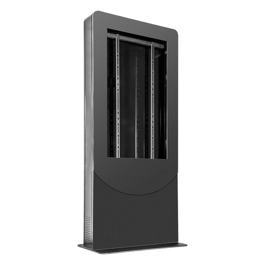 Kiosko modo Vertical para interior color Negro / Soporta Pantallas de 65" hasta 4" de Profundidad / Estructura de Acero con Placa Base 3/8" / 6 Salidas Supresor de Picos UL/cUL / Ventilación Termostática / Puertas de Acceso Se