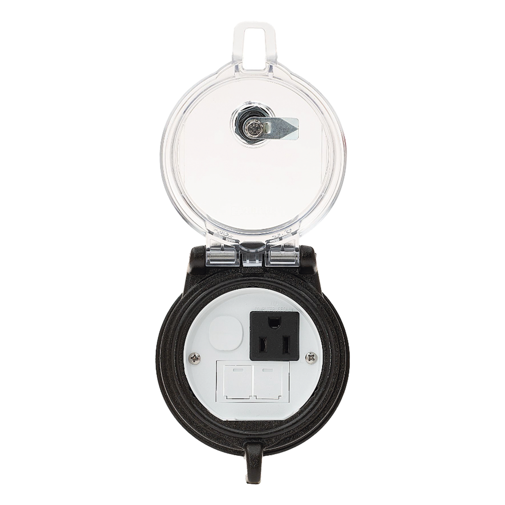 Dispositivo Circular de Puertos de Acceso a Datos, Con Dos Espacios Para Módulos Mini-Com y Un Receptáculo NEMA 5-15R, Protección IP66, de 3" de Diámetro