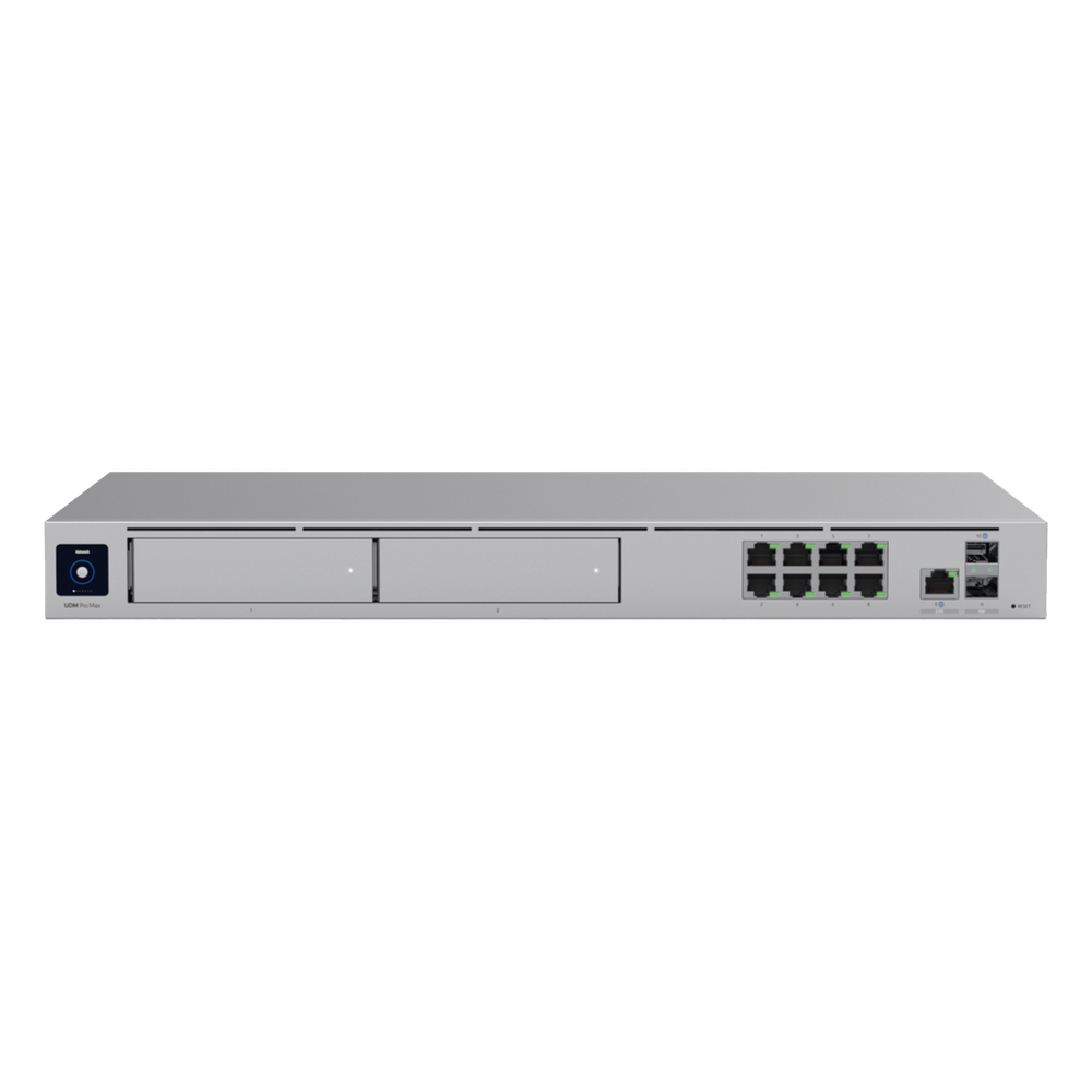UniFi Dream Machine Pro Max – Cloud Gateway Empresarial con Soporte para 150 Dispositivos y 2000 Clientes, 5 Gbps de Ruteo con IDS/IPS, 2 Bahías para HDD 3.5”, SSD Interno de 128 GB, Failover, Balanceo de Carga y VPN/SD-WAN