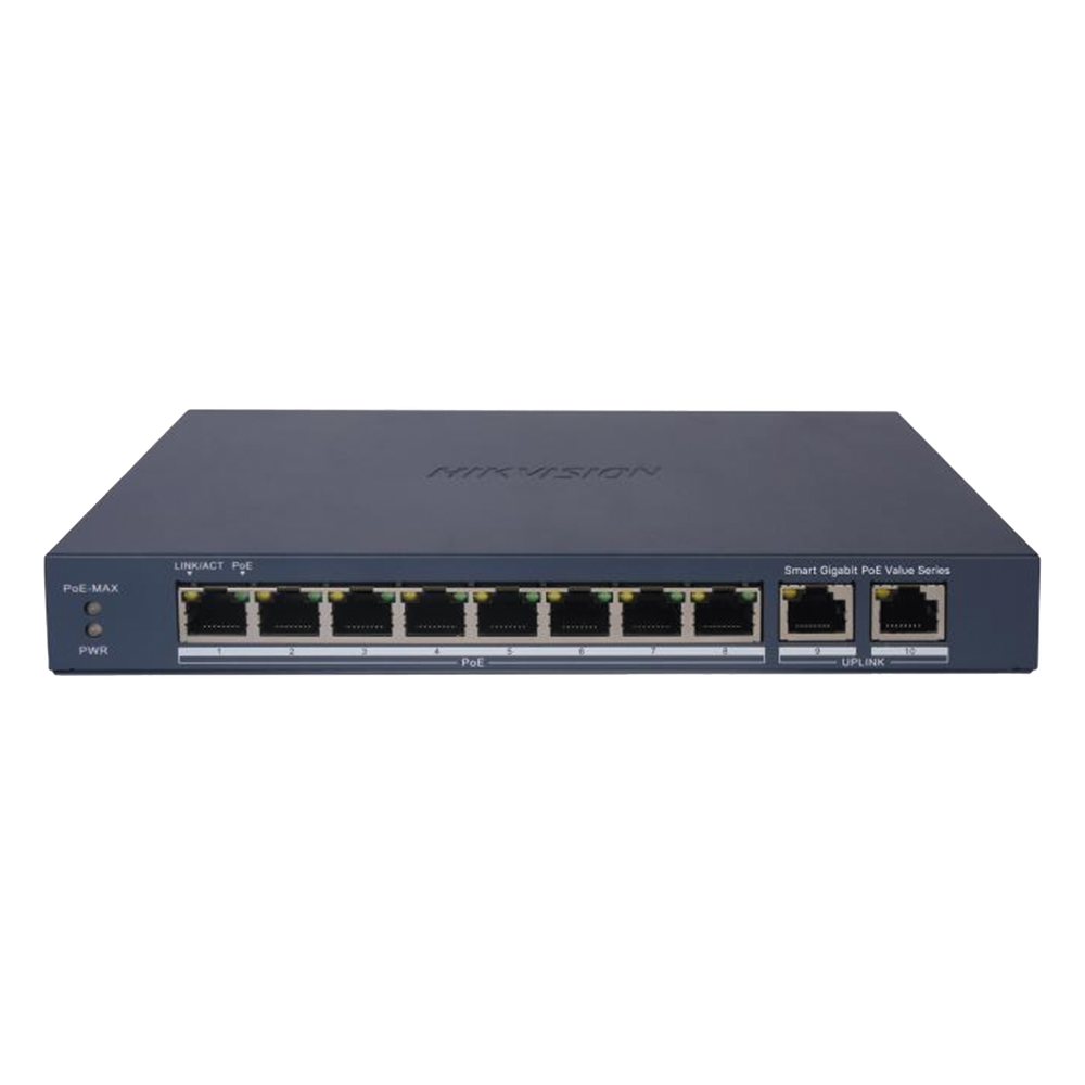 Switch Gigabit PoE+ / Administrable / 8 Puertos 1000 Mbps PoE+ / 2 Puertos 1000 Mbps de Uplink / Configuración Nube Hik-PartnerPro / Modo Extendido hasta 300 Metros / 60 W