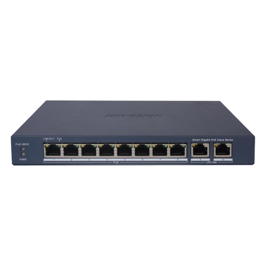 Switch Gigabit PoE+ / Administrable / 8 Puertos 1000 Mbps PoE+ / 2 Puertos 1000 Mbps de Uplink / Configuración Nube Hik-PartnerPro / Modo Extendido hasta 300 Metros / 60 W