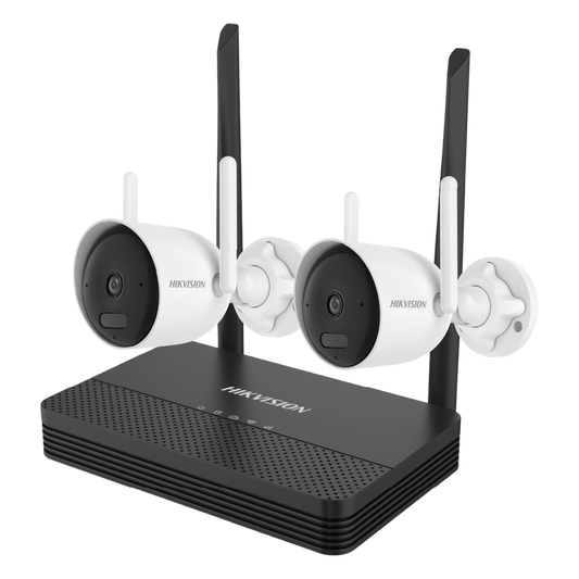 Kit IP Inalámbrico 4 Megapixel / NVS 4 Canales / 2 Cámaras Bala para Exterior con Lente 2.8 mm y Dual Light (30 mts IR + 30 mts Luz Blanca) / Audio Bidireccional (Micrófono y Bocina) / Soporta Micro SD de 512 GB