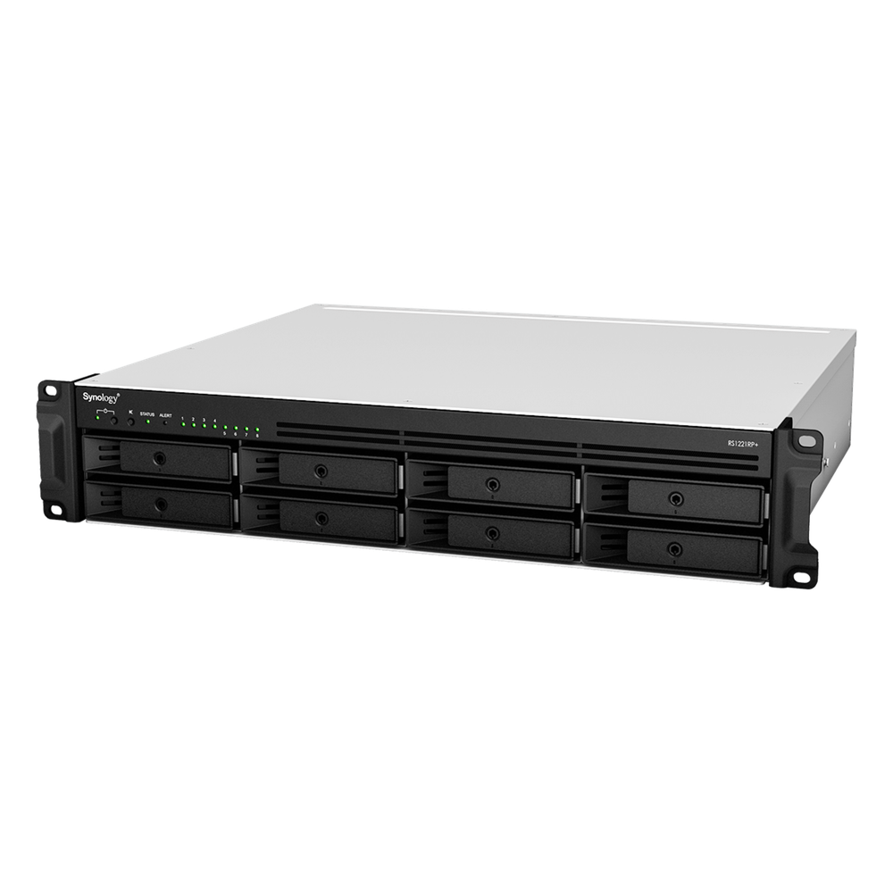 Servidor de Almacenamiento en Red Synology RackStation RS1221RP+ | 8 Bahías | Expandible a 12 Bahías | CPU AMD Ryzen V1500B | 4 GB DDR4 ECC | RAID Soportado | 10/25GbE | Virtualización Certificada | Protección de Datos Integral