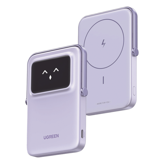 Power Bank Serie UNO Inalambrico | 10000mAh | 7.5W/20W  |  Con Emojis de Estado | Carga Rápida USB-C Bidireccional  | Pantalla TFT  Inteligente | Con Holder | Color Purple.