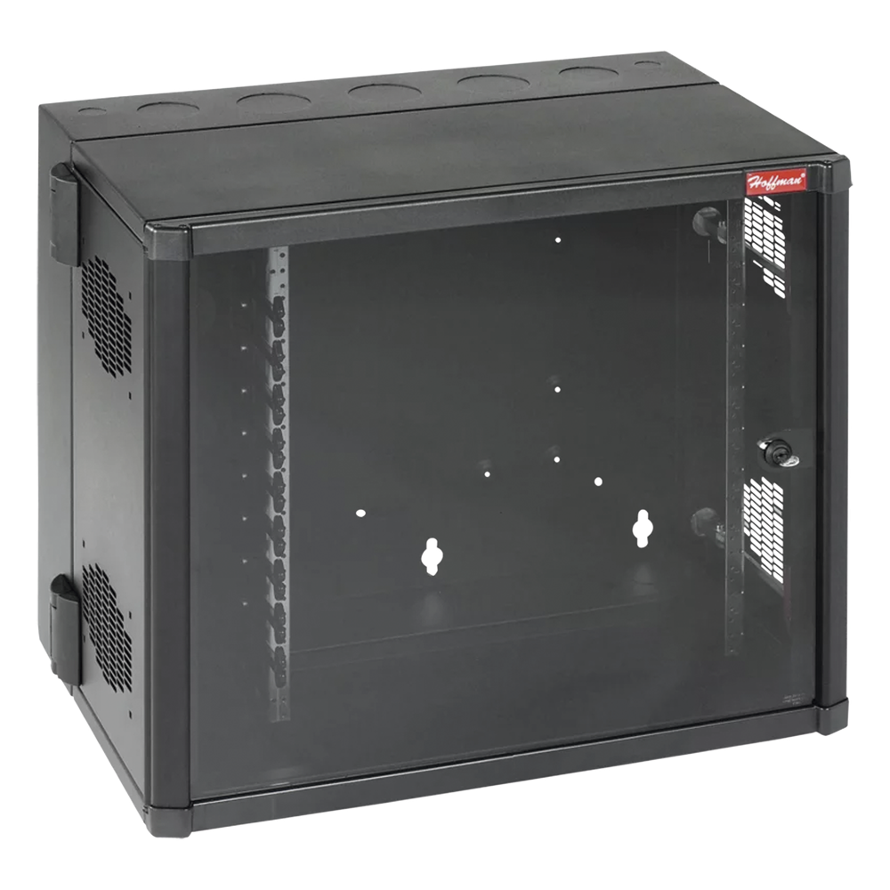 Gabinete AccessPlus de 12 UR Montaje en Pared de 19in, Rieles Numerados y Roscados #10-32, Puerta con Ventana de Seguridad, 700 mm de Ancho, 637 mm de Profundidad, Color Negro