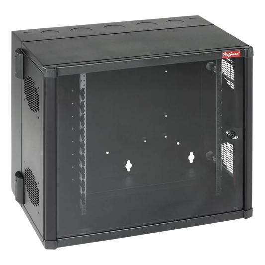 Gabinete AccessPlus de 12 UR Montaje en Pared de 19in, Rieles Numerados y Roscados #10-32, Puerta con Ventana de Seguridad, 700 mm de Ancho, 637 mm de Profundidad, Color Negro