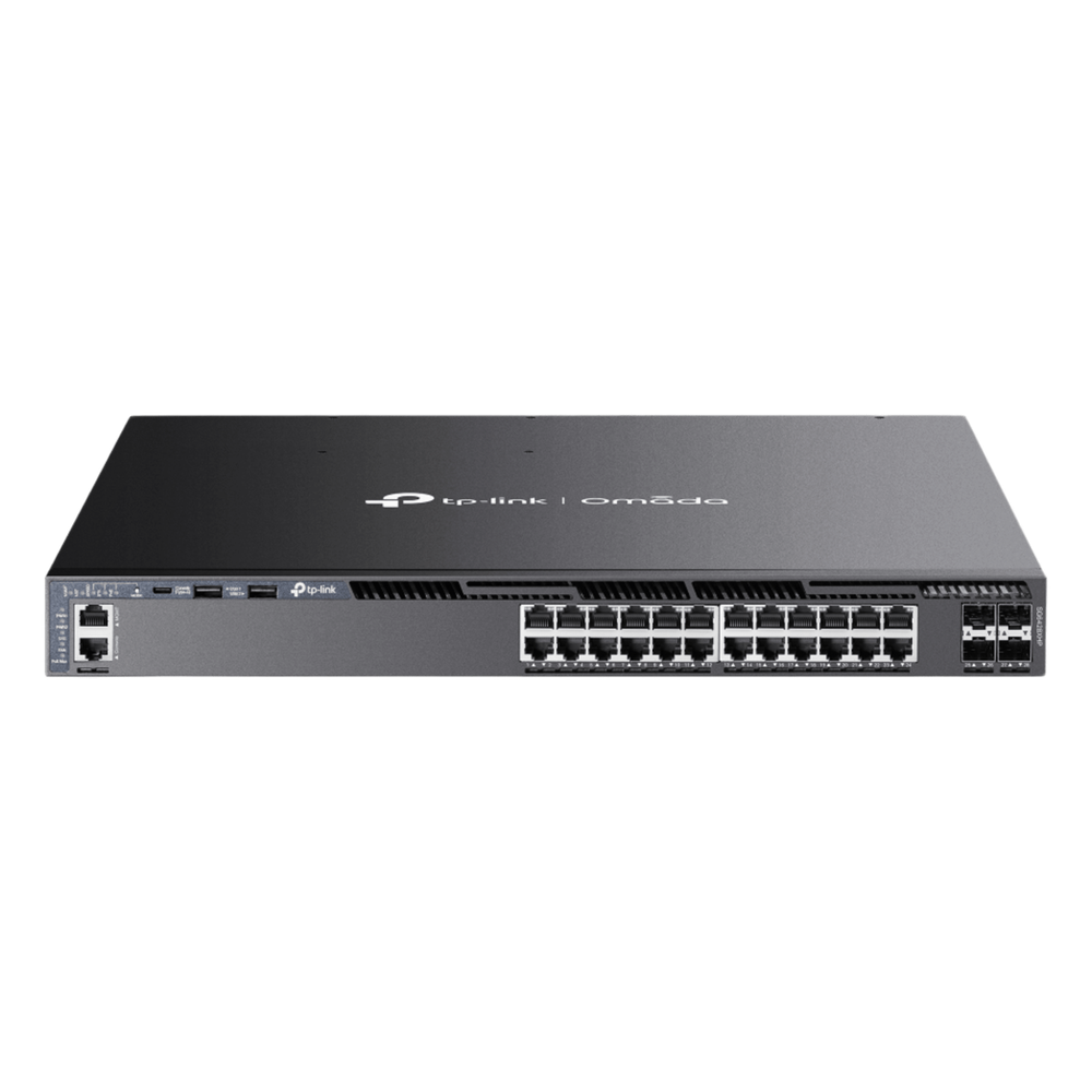 Switch Omada L3 SDN Administrable / 24 puertos PoE af/at Gigabit y 4 puertos SFP+ / Presupuesto PoE 720W / Funciones RIP, VRRP, Servidor DHCP / Administración centralizada OMADA / Fuente Redundante