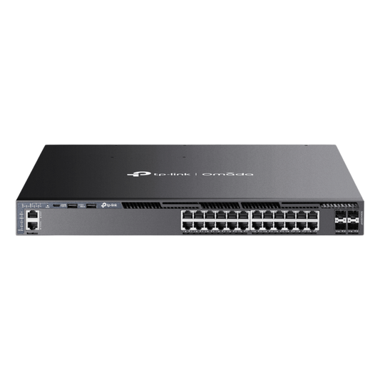 Switch Omada L3 SDN Administrable / 24 puertos PoE af/at Gigabit y 4 puertos SFP+ / Presupuesto PoE 720W / Funciones RIP, VRRP, Servidor DHCP / Administración centralizada OMADA / Fuente Redundante