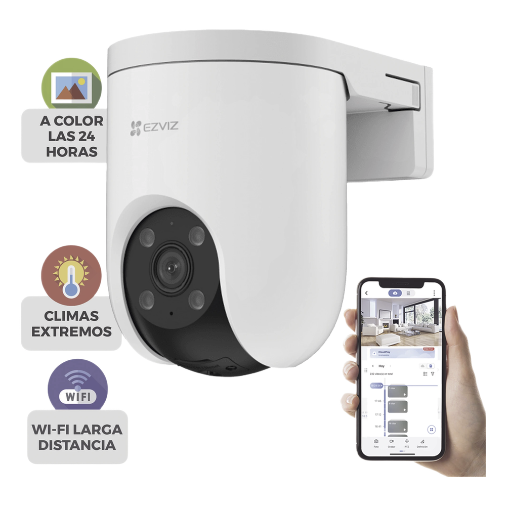 Cámara PT / Resolución 5 Megapixel (3K) / Audio de Dos Vías / Visión Nocturna en Color / AI Detección de Humanos y Vehículos / Defensa Activa con Sirena y Luz Estroboscópica / IP65