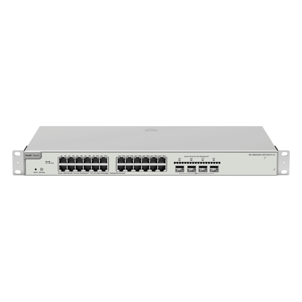 Switch Administrable Capa 3 con 24 puertos Gigabit PoE 802.3af/at + 4 SFP+ para fibra 10Gb, gestión gratuita desde la nube, 370w
